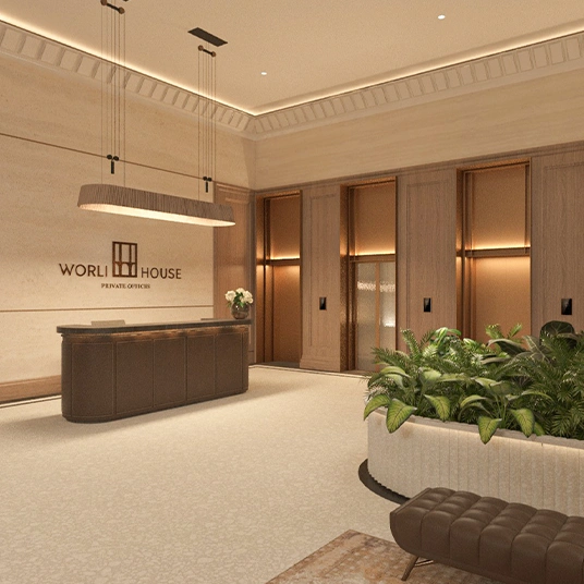 Grand double-height 30-foot luxury lobby with refined architectural interiors and elegant arrival experience