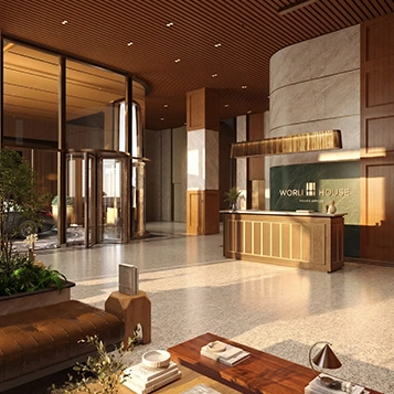 Grand double-height 20-foot luxury lobby with refined architectural interiors and elegant arrival experience