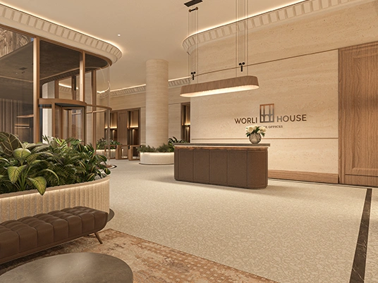 Grand double-height 30-foot luxury lobby with refined architectural interiors and elegant arrival experience