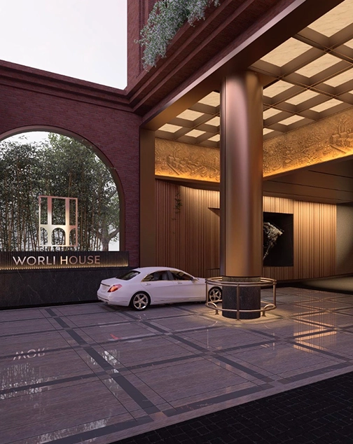 Grand double-height 30-foot luxury lobby with refined architectural interiors and elegant arrival experience