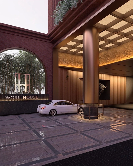 Grand double-height 30-foot luxury lobby with refined architectural interiors and elegant arrival experience