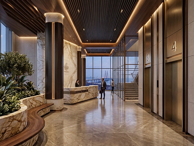 Grand double-height 20-foot luxury lobby with refined architectural interiors and elegant arrival experience